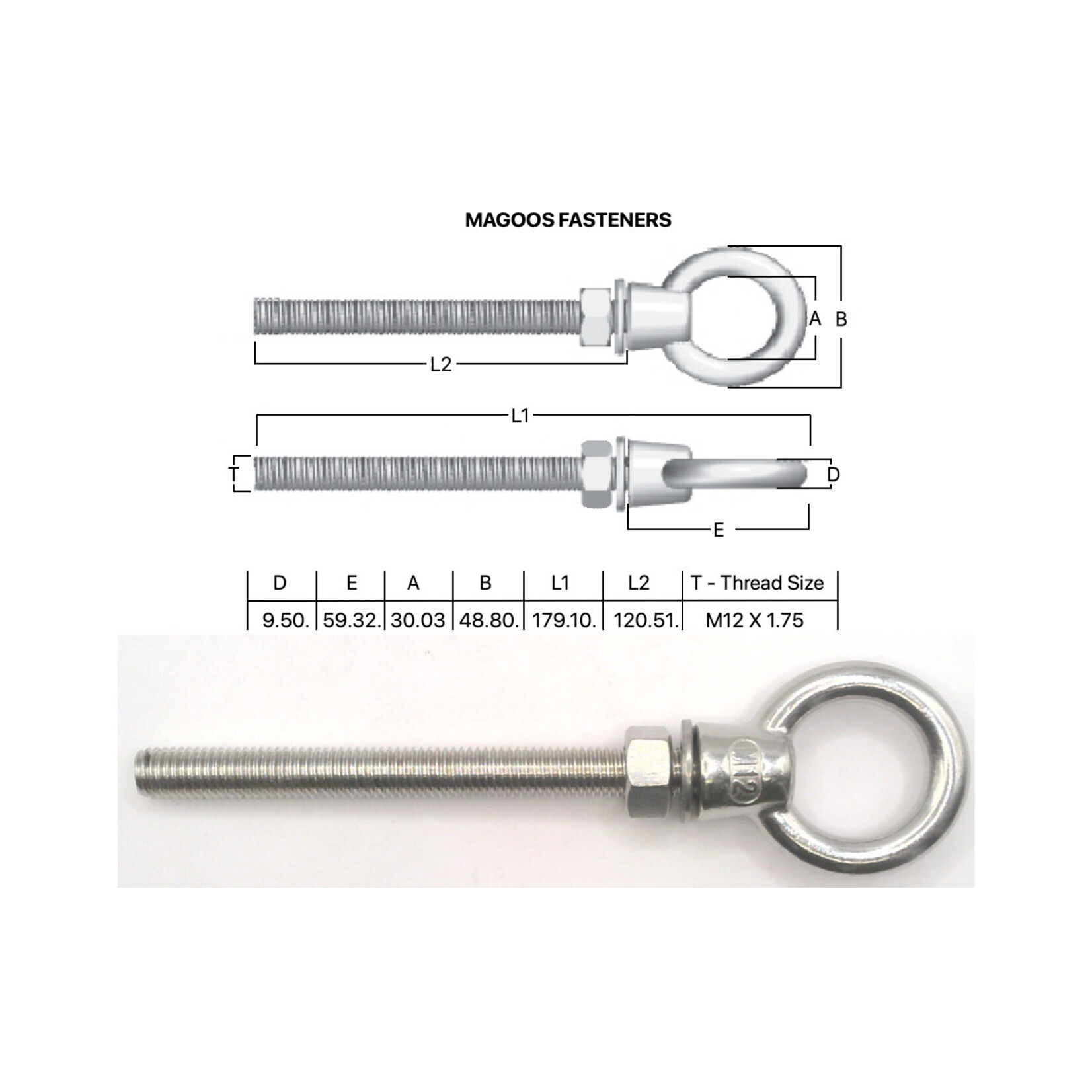 Hardware SS316 Eyebolt Collar Kit M12 X 120