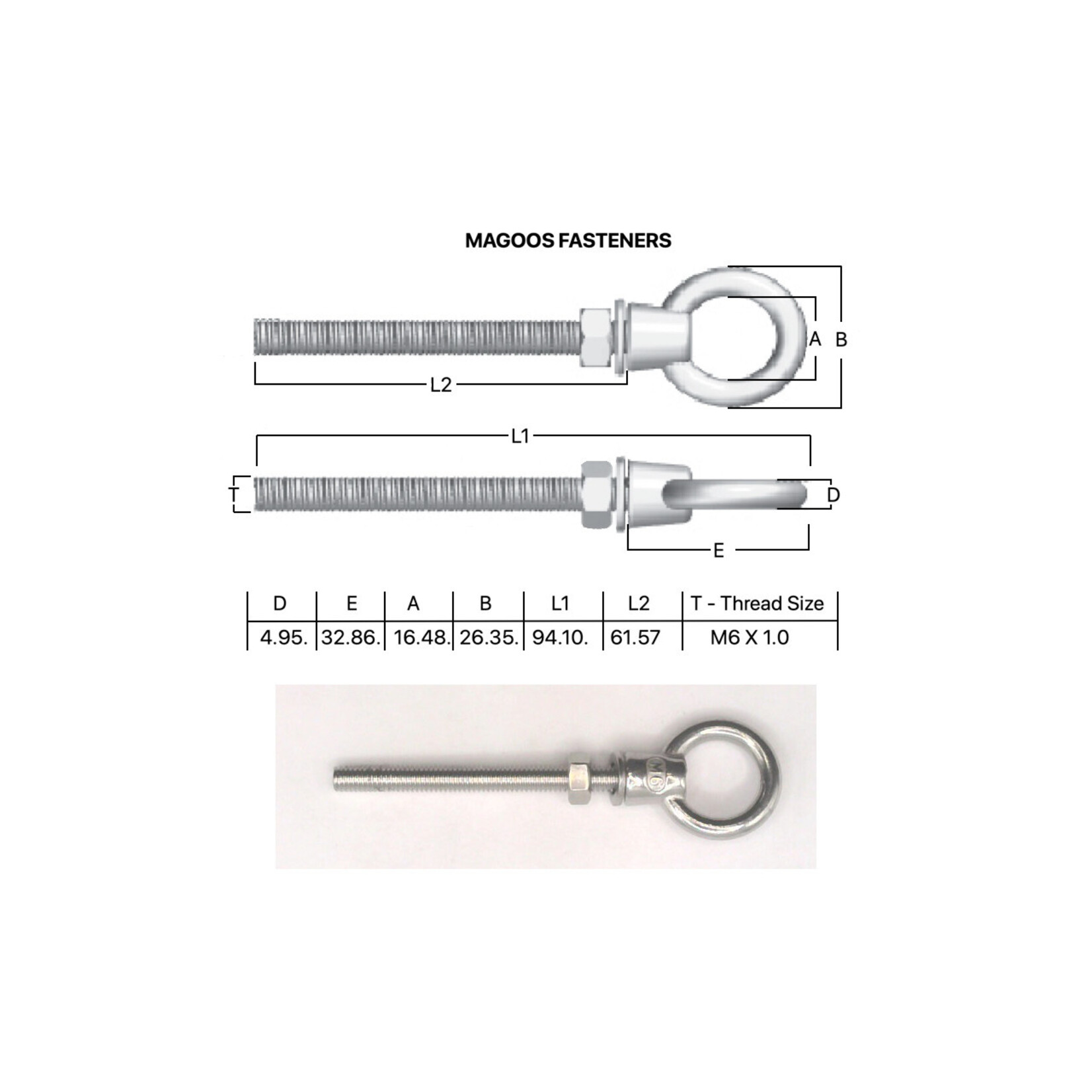 Hardware SS316 Eyebolt Collar Kit M6 X 60