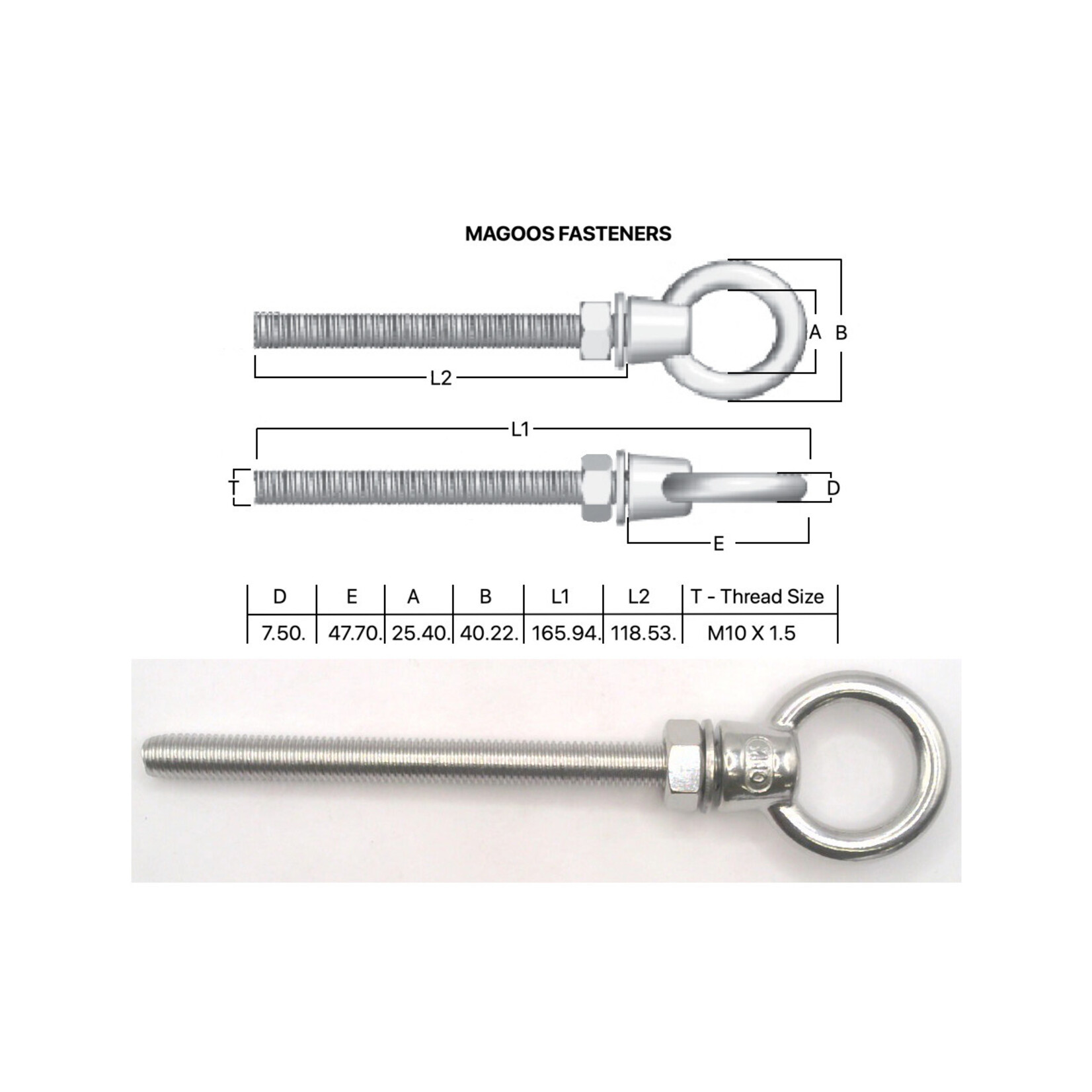 Hardware SS316 Eyebolt Collar Kit M10 X 120