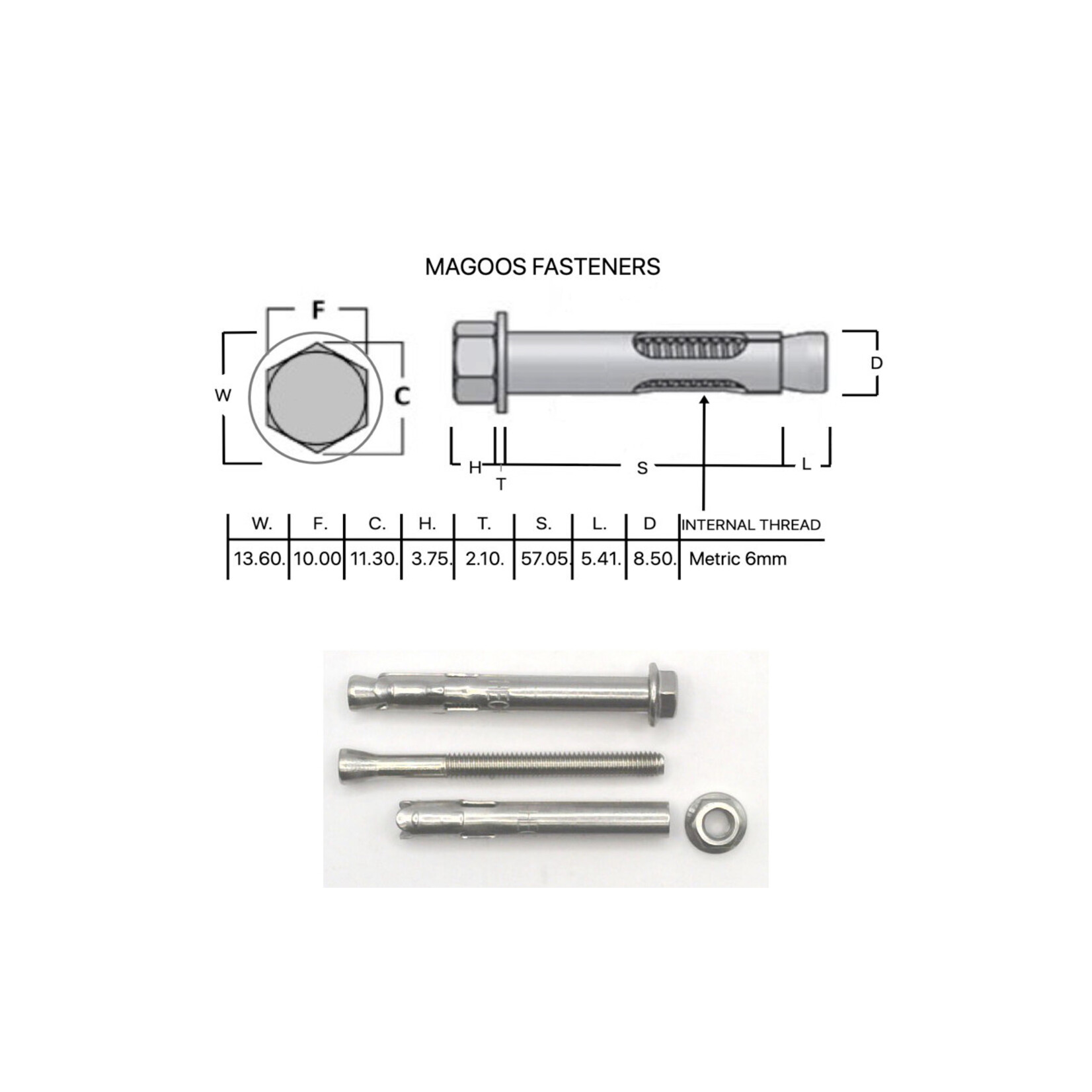 SS-316 SS316 Dynabolt W/Nut 8mm X 60