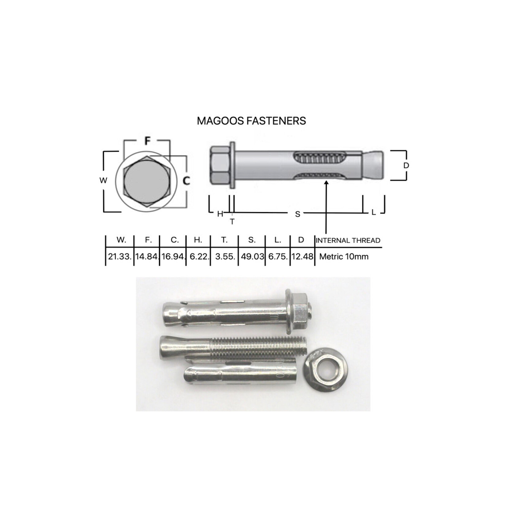 SS-316 SS316 Dynabolt W/Nut 12mm X 60