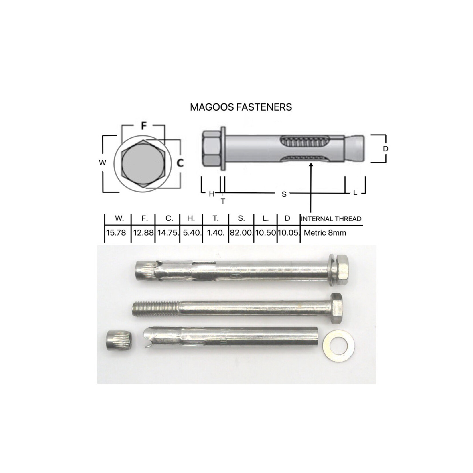 SS-316 SS316 Dynabolt Flush Head 10mm X 95