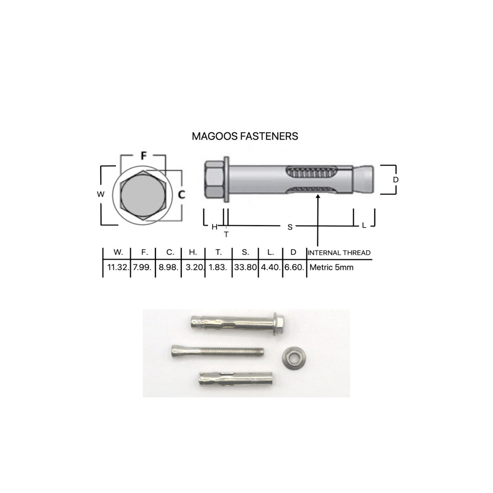SS-316 SS316 Dynabolt W/Nut 6.5mm X 35