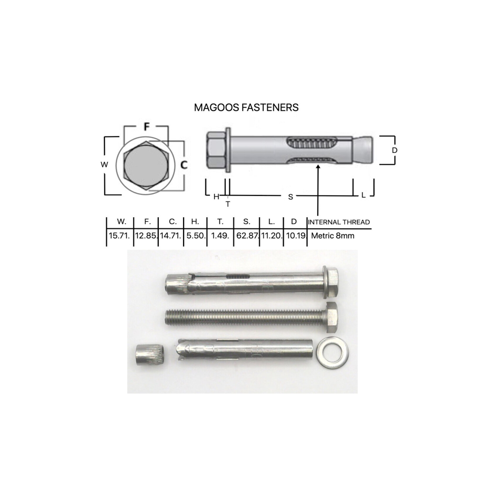 SS-316 SS316 Dynabolt Flush Head 10mm X 75