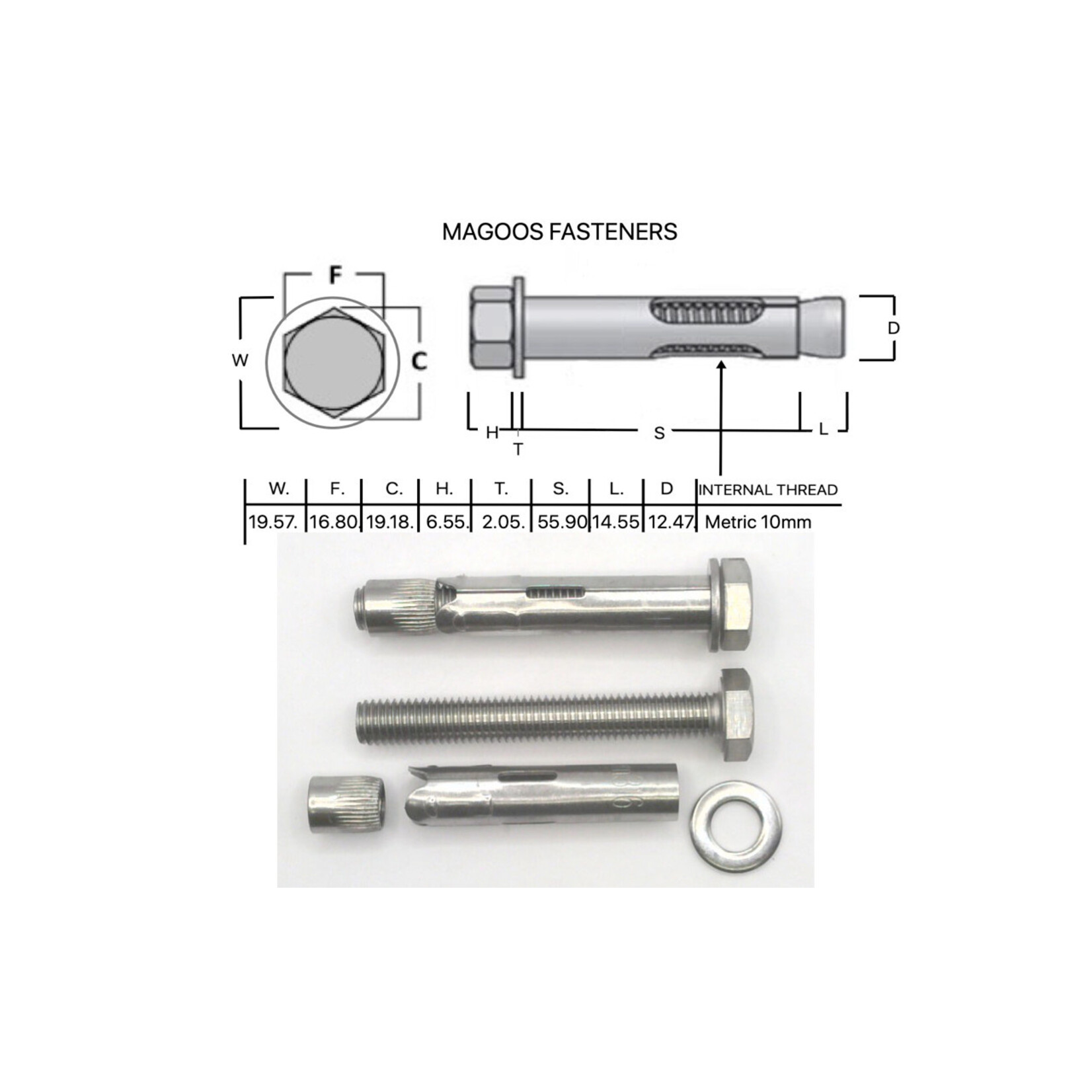 SS-316 SS316 Dynabolt Flush Head 12mm X 75