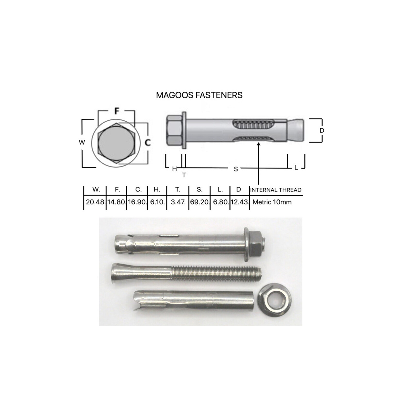 SS-316 SS316 Dynabolt W/Nut 12mm X 80