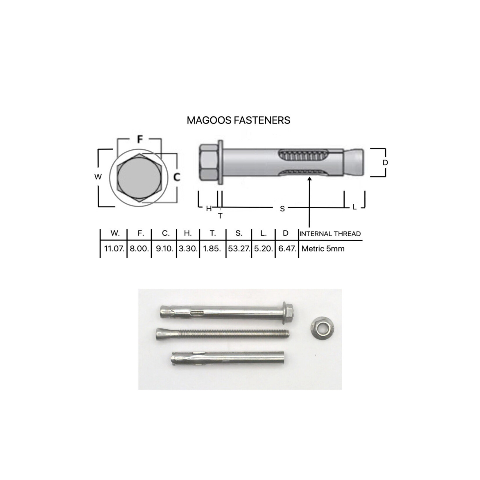 SS-316 SS316 Dynabolt W/Nut 6.5mm X 55