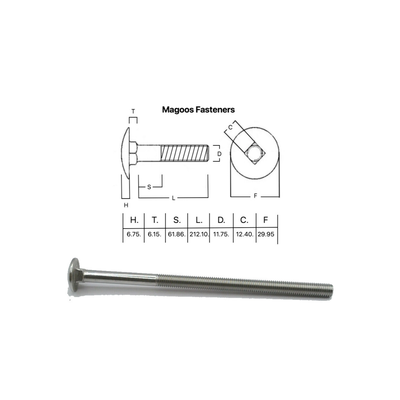 SS-316 SS316 Cup Head Bolt ISO M12 X 220