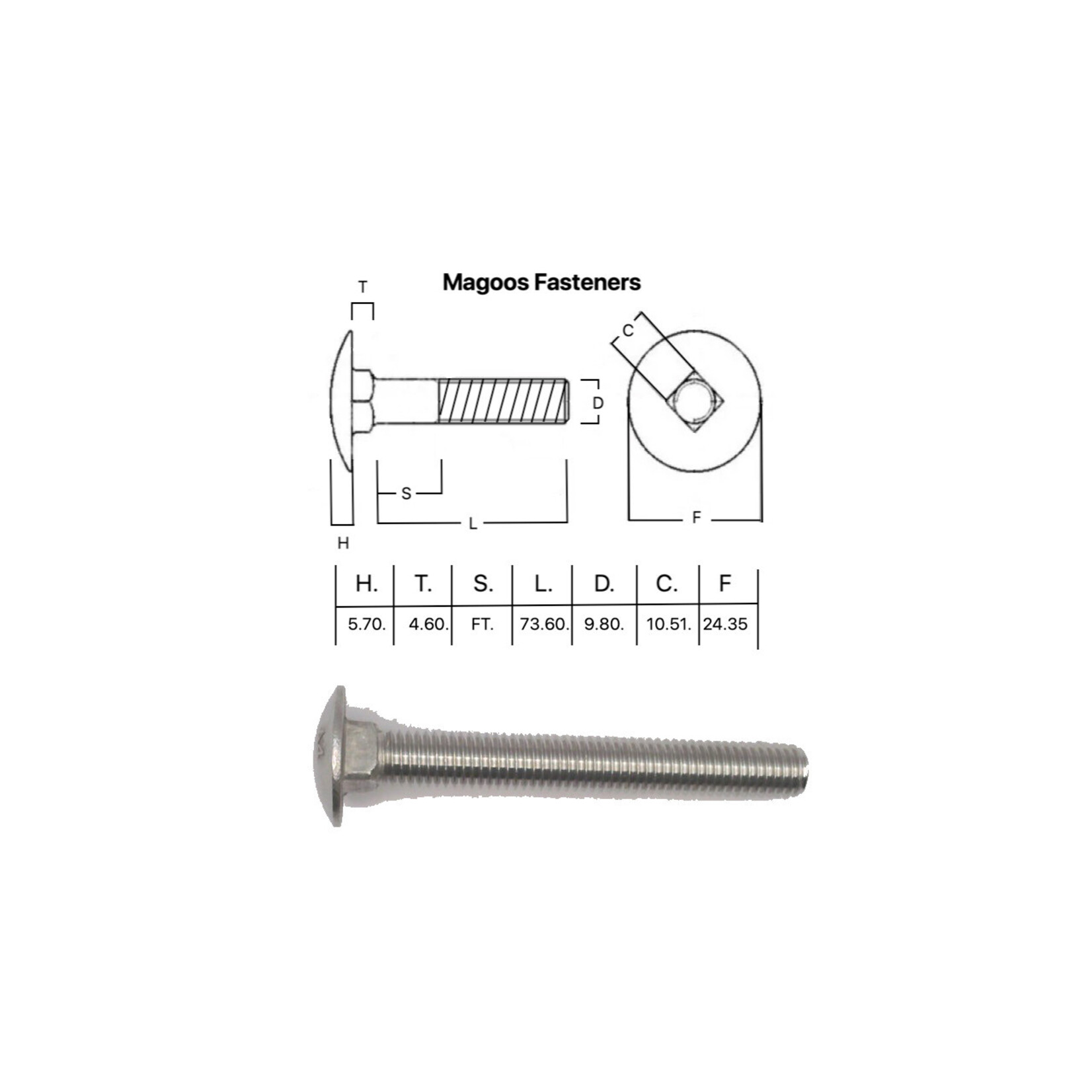 SS-316 SS316 Cup Head Bolt ISO M10 X 80