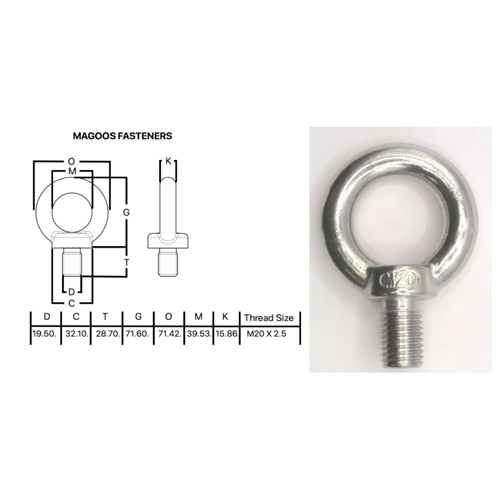 Hardware SS316 Eyebolt With Collar M20