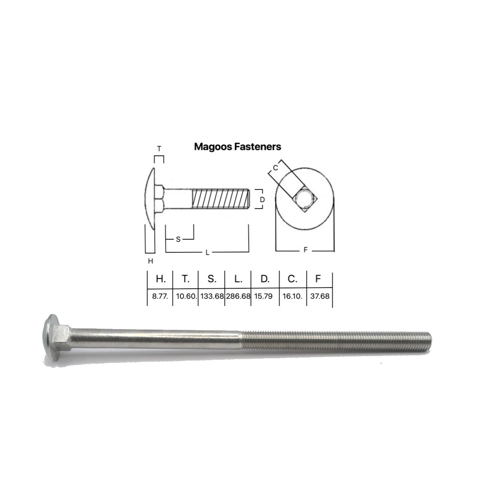 SS-316 SS316 Cup Head Bolt ISO M16 X 300