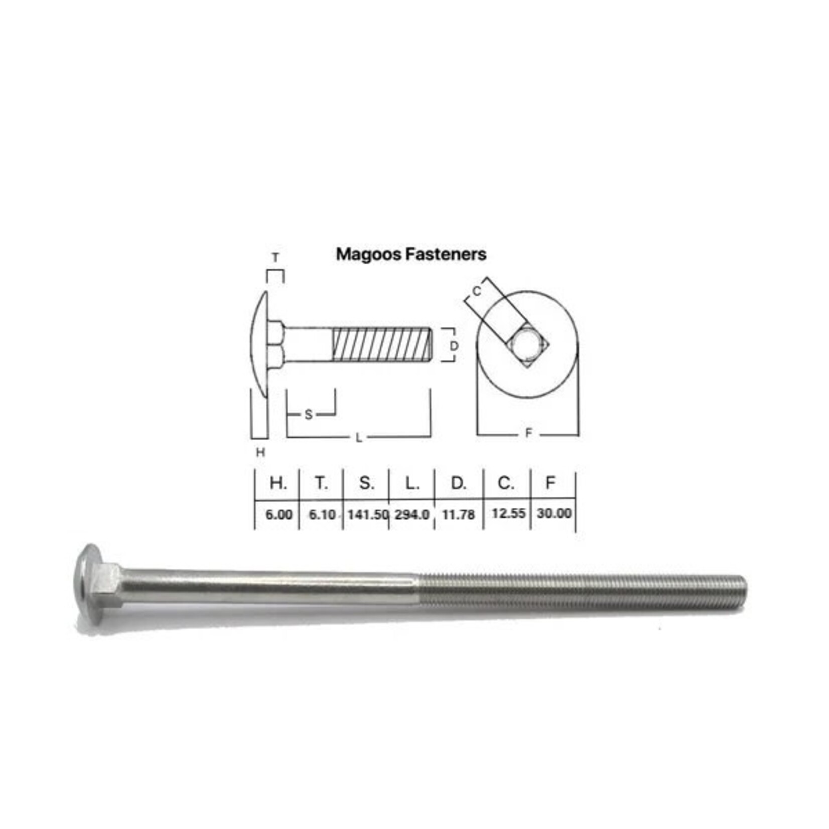 SS-316 SS316 Cup Head Bolt ISO M12 X 300