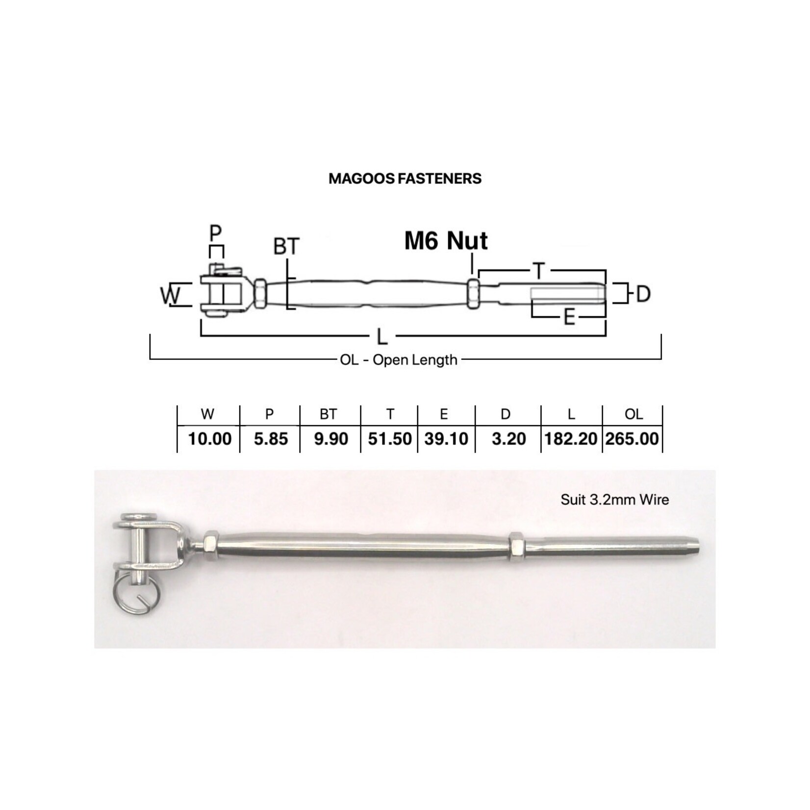 Hardware SS316 Rigging Screw Jaw & Swage Closed Body M6 X 3.2