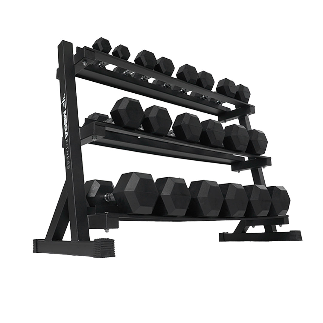 Treadmill Factory Mega Fitness 5-50LB Rubber Hex DB Set w/Rack