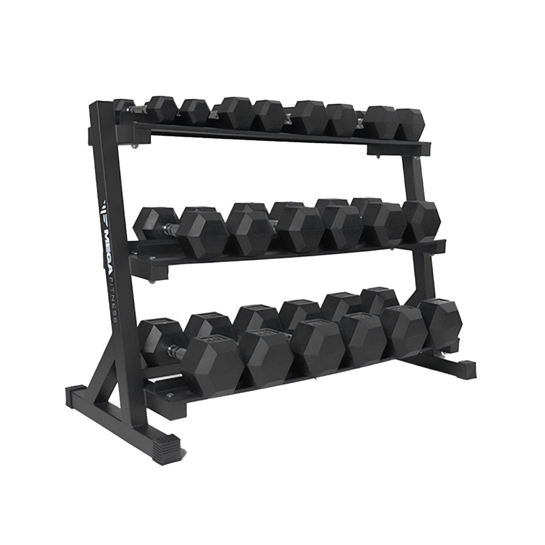 Treadmill Factory Mega Fitness 5-50LB Rubber Hex DB Set w/Rack