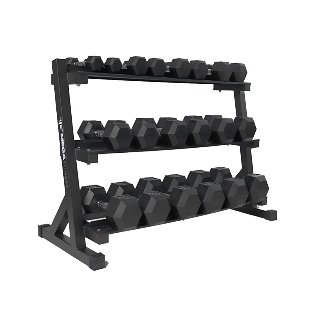 Treadmill Factory Mega Fitness 5-50LB Rubber Hex DB Set w/Rack