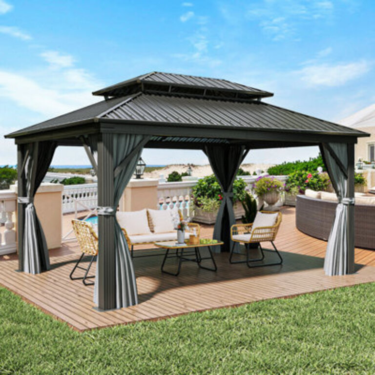Outdoor Metal Hardtop Patio Gazebo with Privacy Curtain and Mosquito Netting