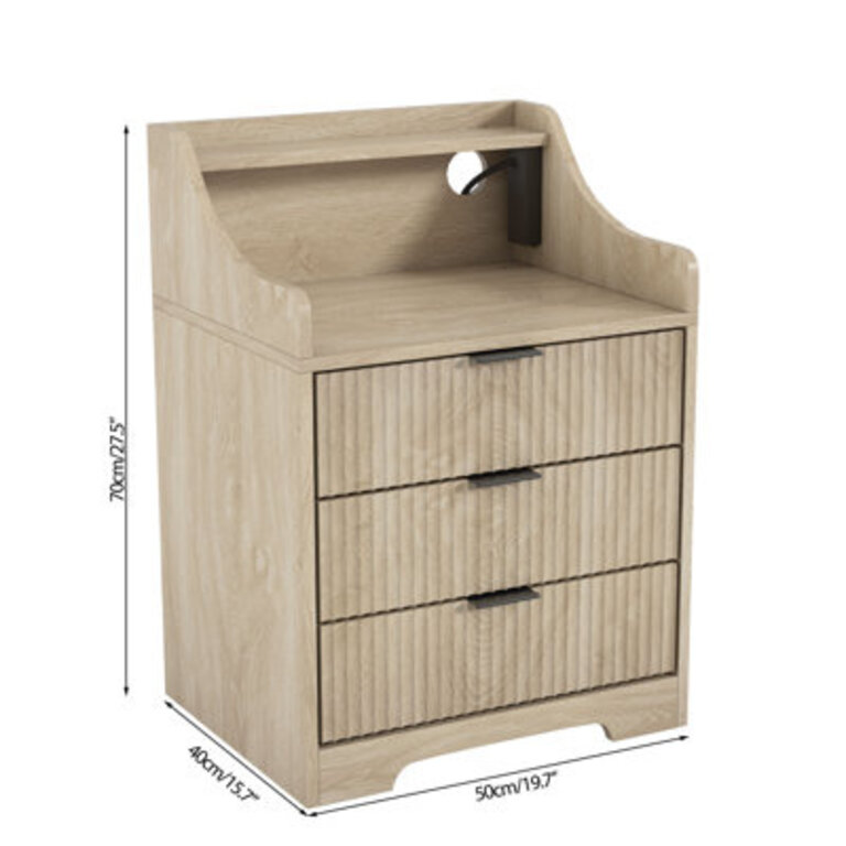 3 - Drawer Nightstand With Charging Station Fluted Bedside Table For Bedroom