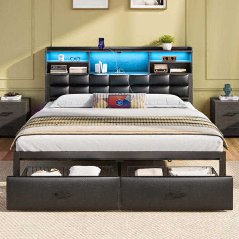 Bed Frame with Drawers and Headboard Upholstered Storage Bed with Charging Station and LED Lights