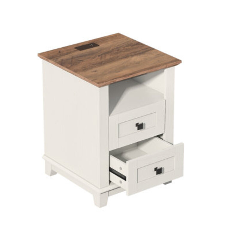 Nightstand With Charging Station Farmhouse Side Table With 2 Tiers Storage Drawer And Detkowski Open Wood Cubby For Bedroom Office Whitebarnwood