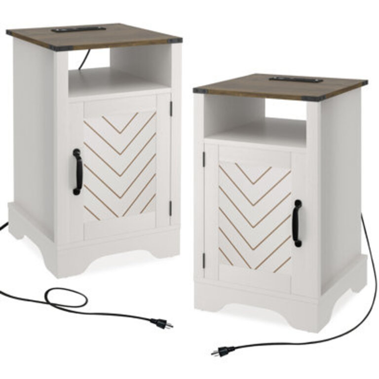 Bradford Farmhouse Nightstand Side Table with Electrical Outlets Charging Station