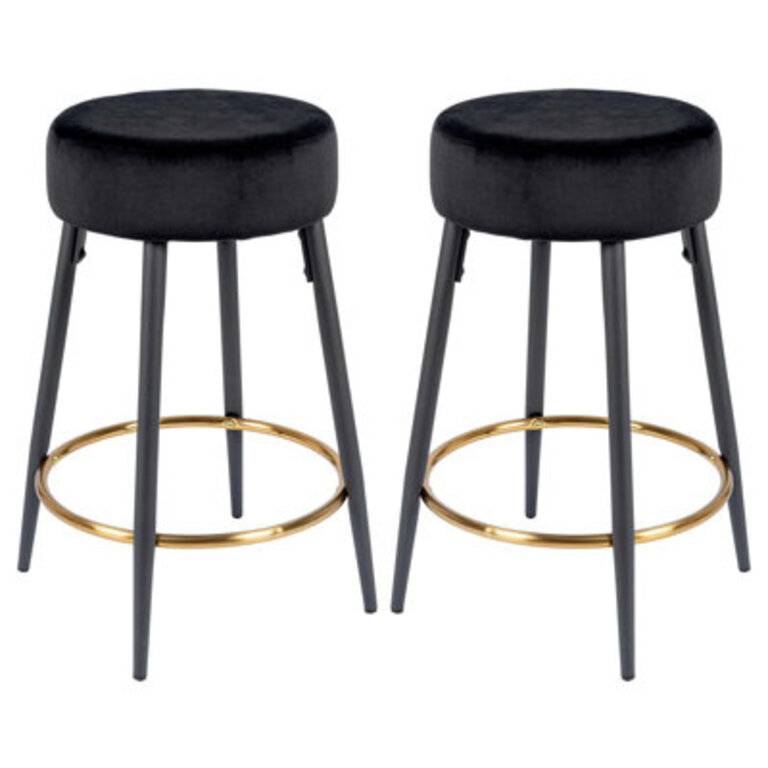 Seattle 154 Wide Modern Black Metal and Velvet Bar Stools with Gold Footrest