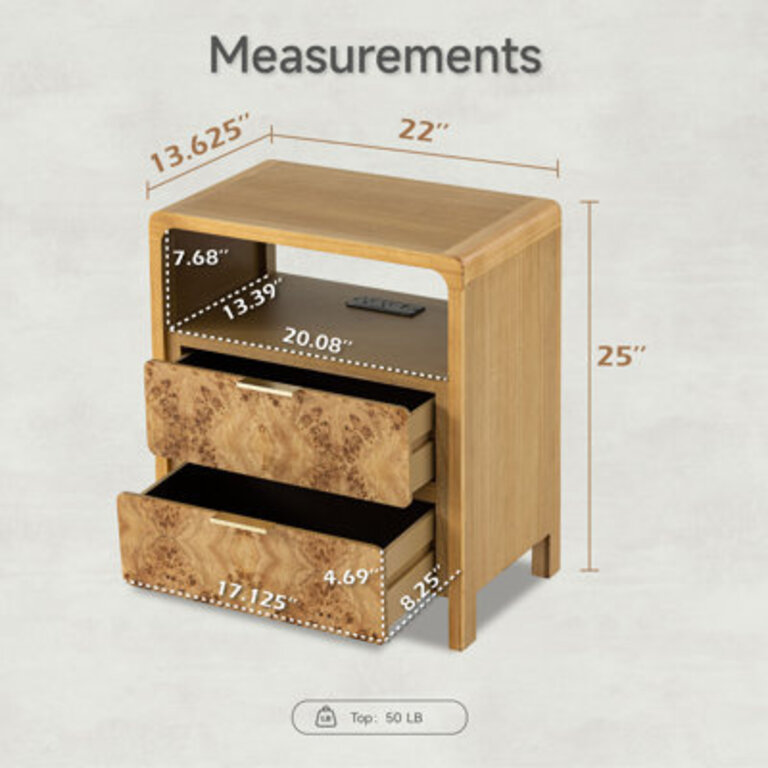 Manish 2 Drawer Nightstand With Charging Station