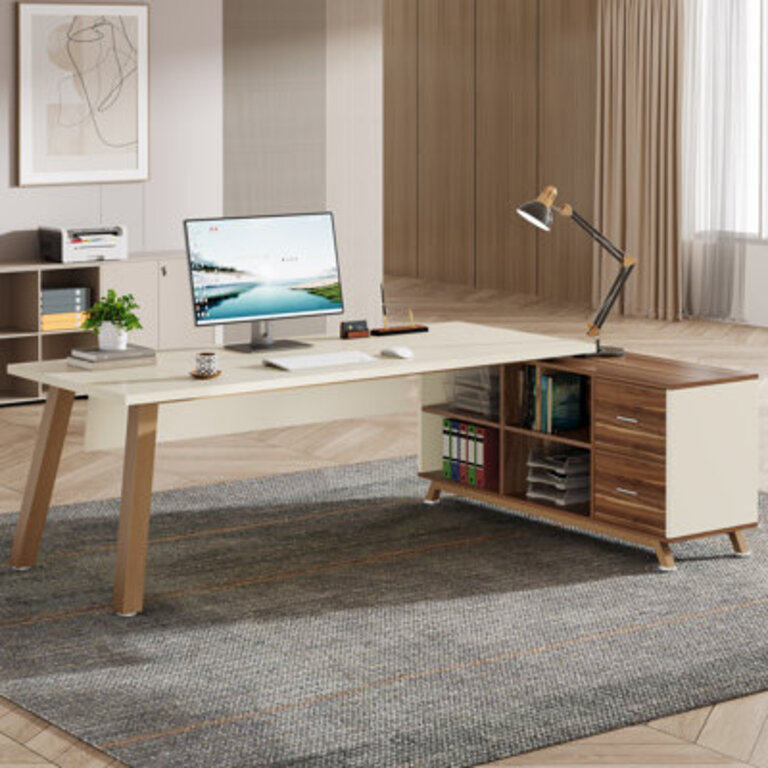 71 W L-Shaped Desk with Drawers and File Cabinet Modern Executive Office Desk