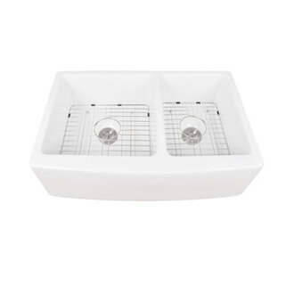 Eclipse 33 x 21 Double Bowl 6040 Ceramic Farmhouse Kitchen Sink with Sink Grid and Basket Strainer