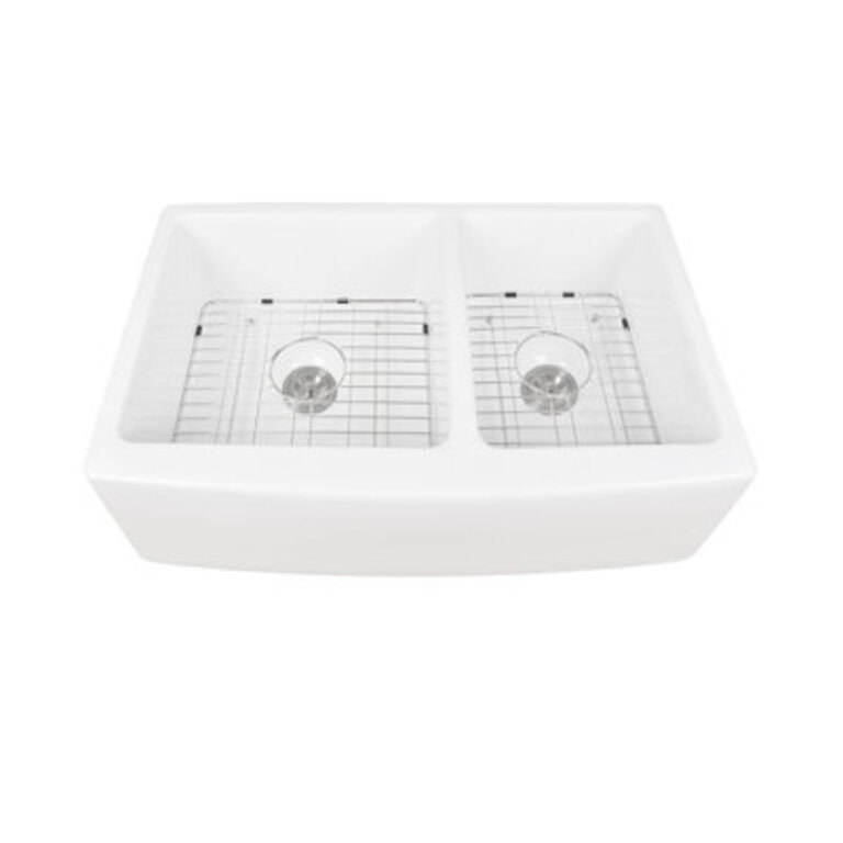 Eclipse 33 x 21 Double Bowl 6040 Ceramic Farmhouse Kitchen Sink with Sink Grid and Basket Strainer