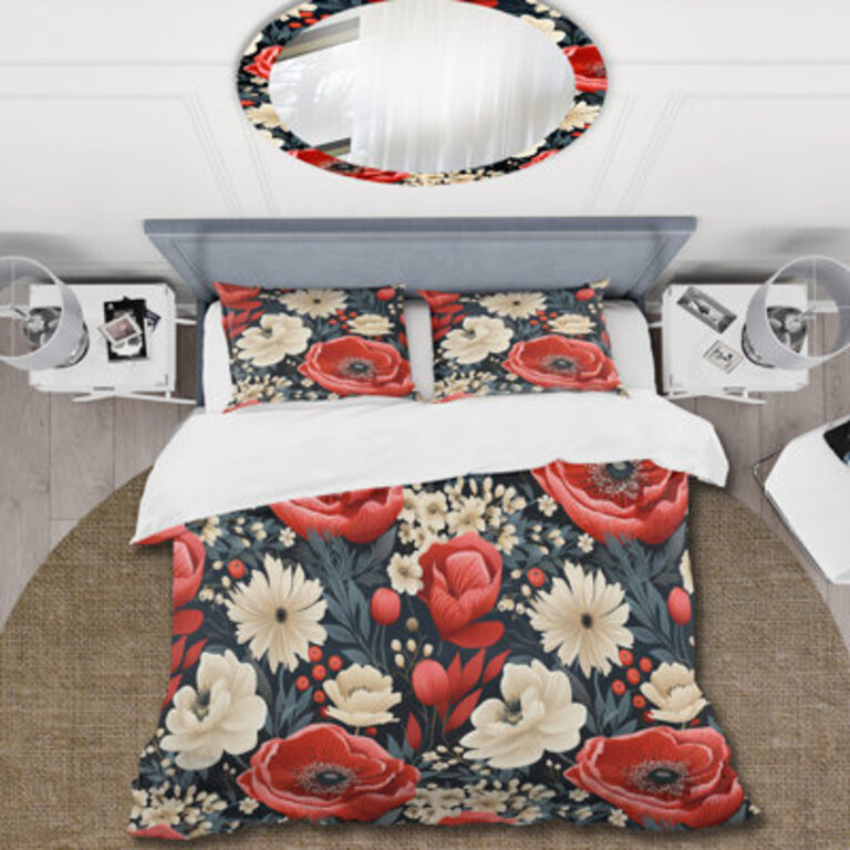 Vintage Coral Poppy Flourish Gardens Floral Duvet Cover Set