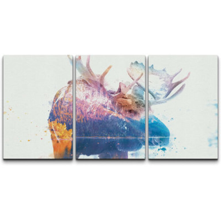 Rainbow Watercolor Explosion Moose Portrait Animals Wildlife Art Rustic Scenic Colourful Bedroom  3 - Pieces
