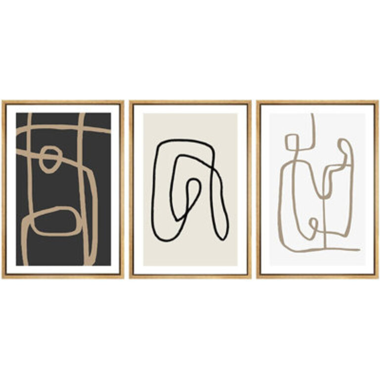 Aesthetic Abstract Black Line Polygons Minimalist Modern Wall Art Framed On Canvas 3 Pieces Print