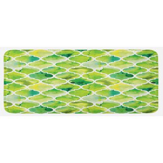 Moroccan Trellis Pattern In Green Tones Watercolor Vintage Artwork Lime Green Yellow White Kitchen Mat