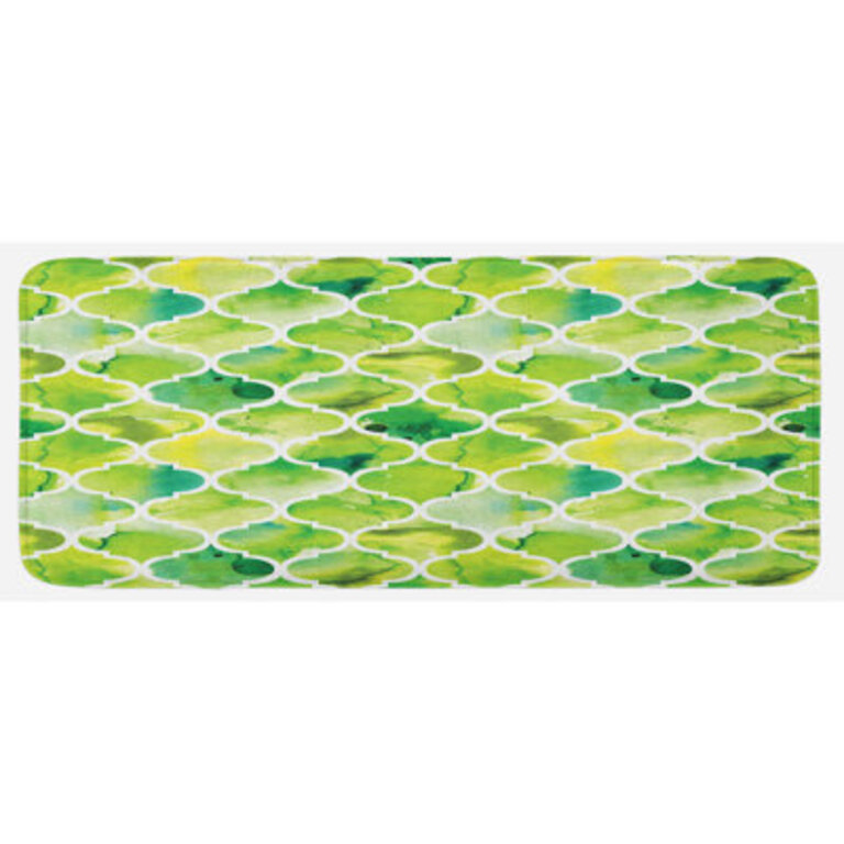 Moroccan Trellis Pattern In Green Tones Watercolor Vintage Artwork Lime Green Yellow White Kitchen Mat