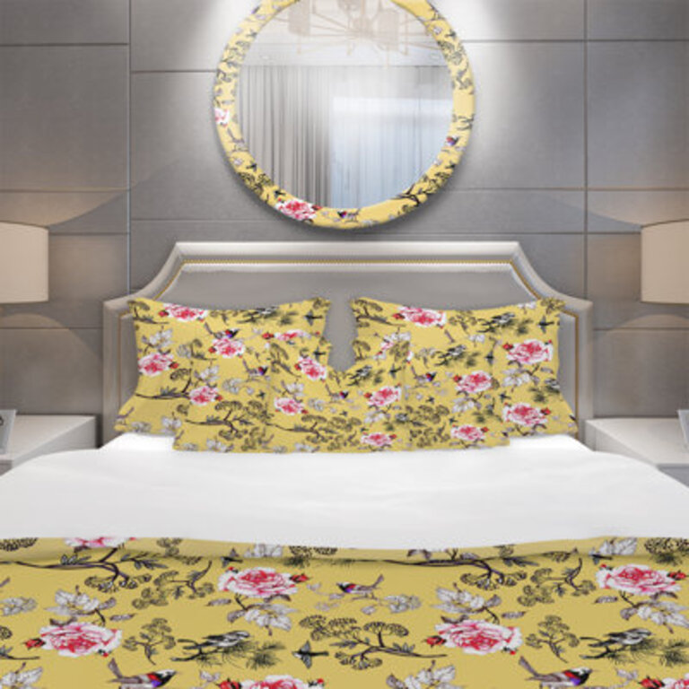 Birds and Pink Roses Floral pattern - Floral Duvet Cover Set - Microfiber Polyester