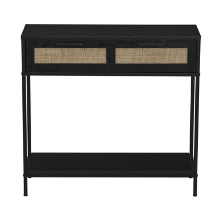Carissa Bungalow Rectangular Console Sofa Table with Storage Shelf and 2 Drawers Rustic Wood Grain Woven Front and Metal