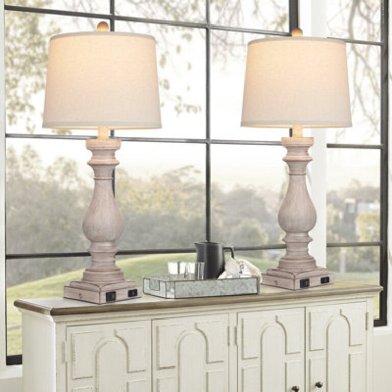 Table Lamps Resin White Vintage Oblique Shade USB Type-C Charging PortsSet of 2