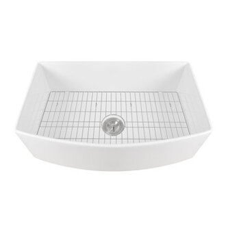 DeerValley Fireclay Curved Farmhouse Kitchen Sink with Sink Grid and Basket Strainer