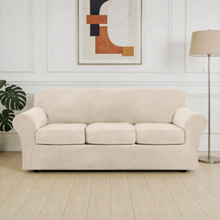 Modern Soft Velvet Plush 4 Piece High Stretch Sofa Slipcover Furniture Protector Luxury Thick Velvet Sofa Cover for 3 Cushion Couch