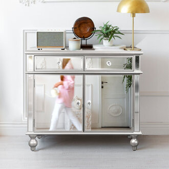 Mirrored Console Table Silver Sideboard Buffet Cabinet With 2 Drawers And 2 Doors For Kitchen Entryway Living Room