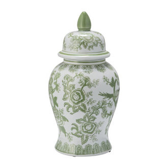 Ebba Temple Jar with Lid - Ceramic Green and White Floral Chinoiserie Decorative Stoneware for Home Office Gift Idea
