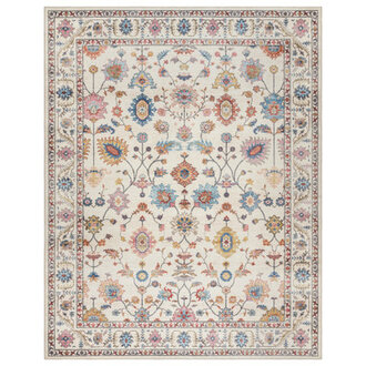 Samira Cullen Ivory Cream Pink Multi Transitional Floral Border Washable Flat Pile Indoor Area Rug