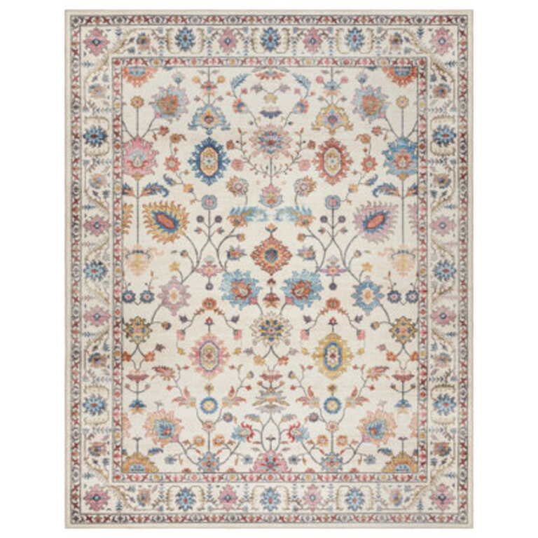 Samira Cullen Ivory Cream Pink Multi Transitional Floral Border Washable Flat Pile Indoor Area Rug