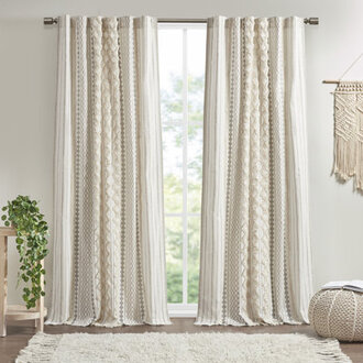 Imani 100 Cotton Printed Boho Single Curtain Panel with Tufted Chenille Stripe and Lining