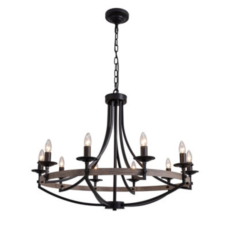 10 - Light Steel Candle Style Dimmable Wagon Wheel Chandelier