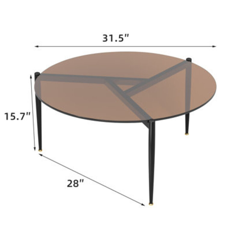 Grey Simple Tripod Coffee Table Round Tempered Glass Black Finish