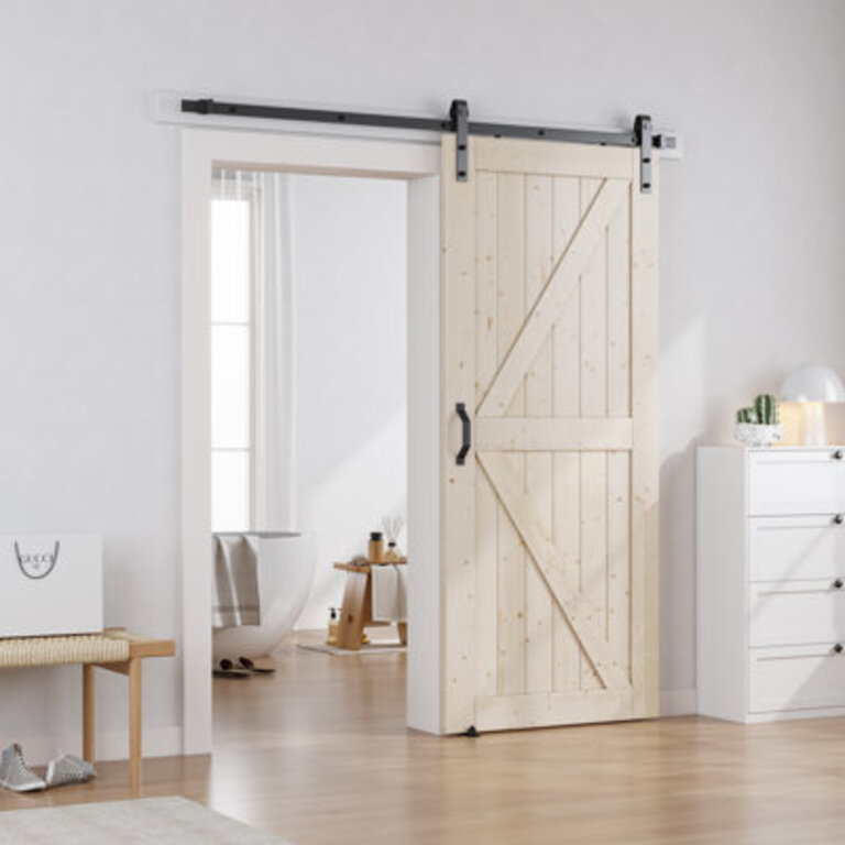 Panelled Solid Wood Unfinished Barn Door with Installation Hardware Kit
