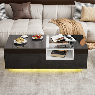 Ajhani Modern High Glossy Coffee Table with Glass Design and Open Storage Cabinets