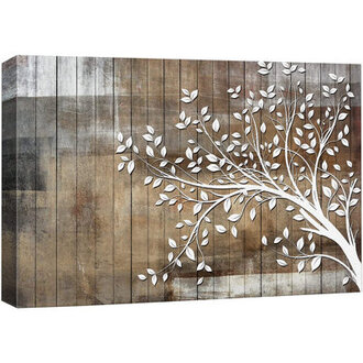 Idea4wall Abstract Tree Canvas Wall Art - White Tree Branch With Leaves On Wood Style Background - Gallery Wrap Modern Home Art  Ready To Hang - 12X18 Inches